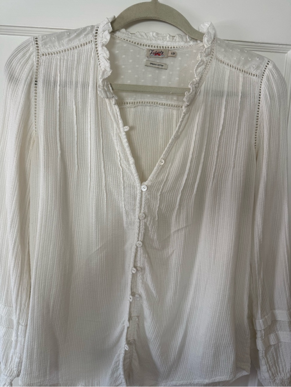 Faherty Cream Ruffled Split-Neck Blouse 100% cotton - Picture 4 of 10